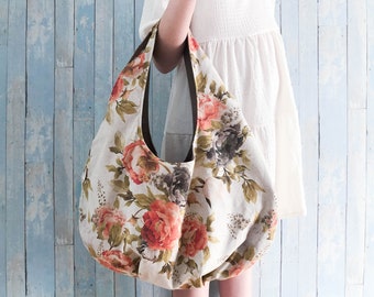 Peony print hobo beach bag. Handmade large fabric hobo handbag. Big tote bag. Shoulder bag. Summer bag. Gift for mom, gift for her