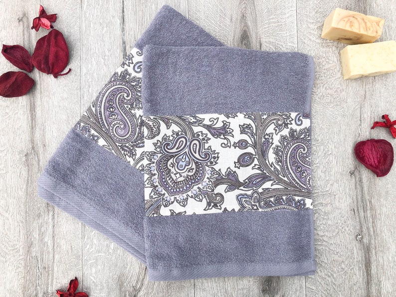 Grey decorative Hand towel. Handmade decorated hand towel with Etsy