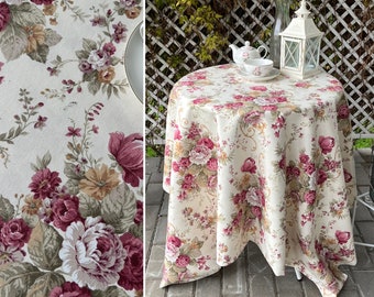 Nappe roses pour une décoration de cuisine shabby chic. Linge de table de ferme durable pour table à manger. Nappe florale en plusieurs tailles.