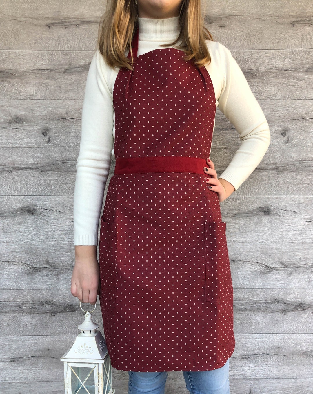 Dark Red Dot Print Apron for Women, Woman Apron With Pockets. Handmade ...