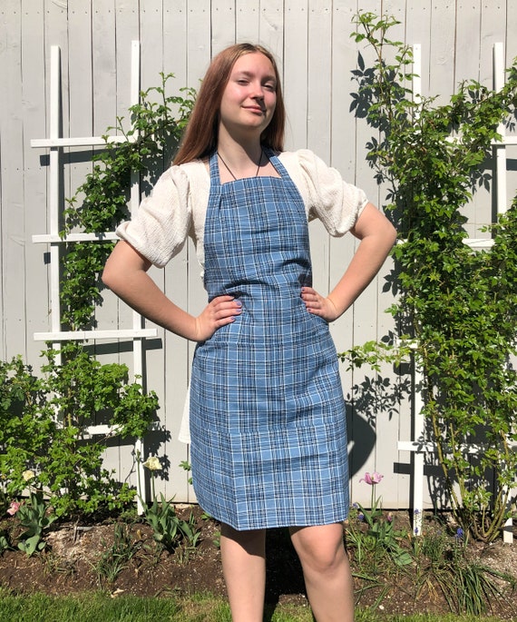 Tartan Plaid Blue Apron for Women With Two Front Pockets. Blue