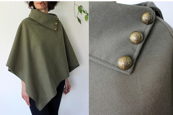 Vintage Khaki Short Cloak with Antique Carved Bro… - image 1