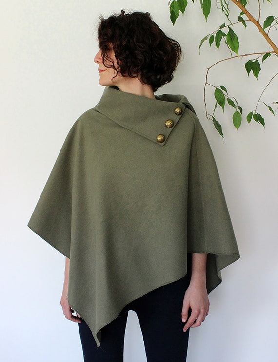 Vintage Khaki Short Cloak with Antique Carved Bro… - image 2