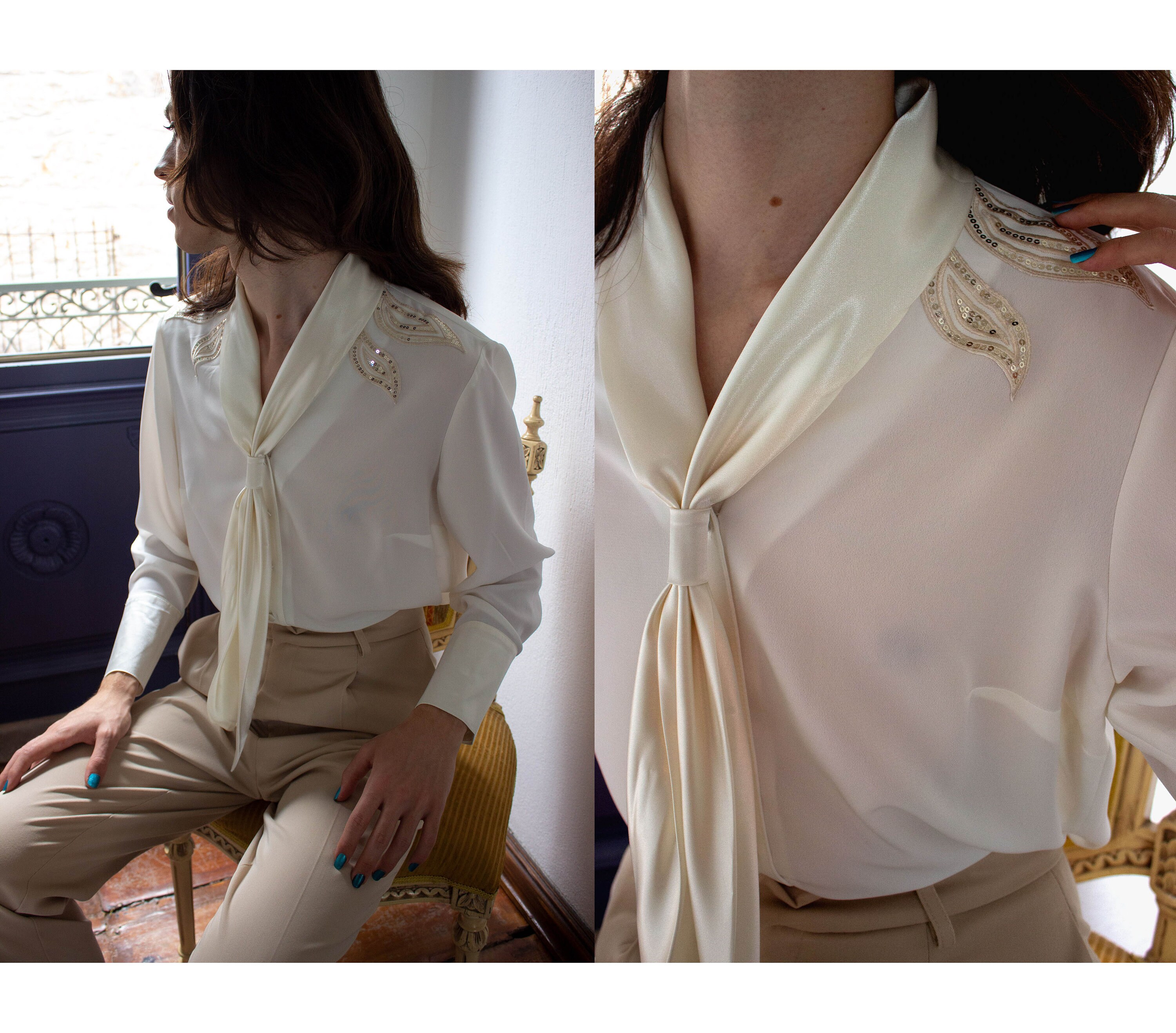 Vintage White Silk Blouse With Beaded Details Womansilk Shirt - Etsy UK