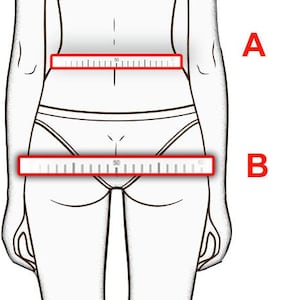 May include: Diagram showing how to measure waist (A) and hip (B) circumference. A ruler is shown measuring the waist and hip.