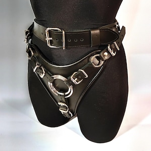 May include: Black leather harness with silver metal rings and buckles. The harness has a belt that goes around the waist and straps that go around the hips.