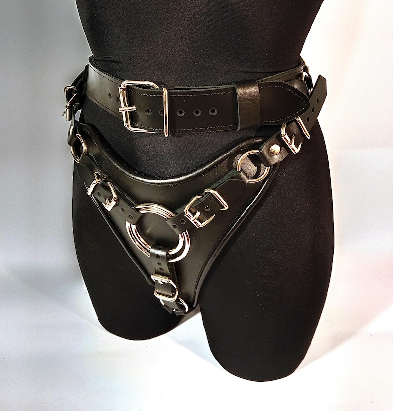 May include: Black leather harness with silver metal rings and buckles. The harness has a belt that goes around the waist and straps that go around the hips.
