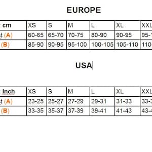 May include: Size chart for clothing in both centimeters and inches. The chart shows the measurements for waist and hips in XS, S, M, L, XL, and XXL sizes. The chart is labeled "Europe" and "USA".
