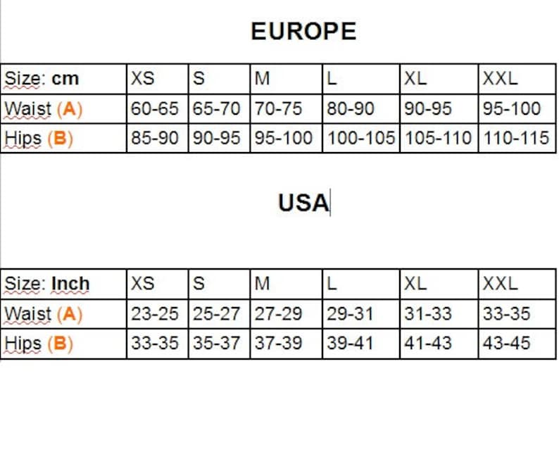 May include: Size chart for clothing in both centimeters and inches. The chart shows the measurements for waist and hips in XS, S, M, L, XL, and XXL sizes. The chart is labeled "Europe" and "USA".