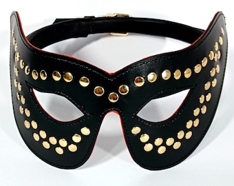 Mask Red Gold bondage BDSM fetish Hood real leather Carnival Cat's eyes cosplay