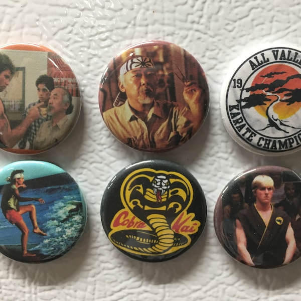 Karate Kid magnets or pin back buttons. Set of 6.