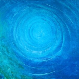 May include: Abstract painting with swirling blue and turquoise colors. The center of the painting is a lighter blue, creating a sense of depth and movement.