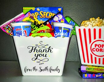 Personalized Popcorn Pop Corn Tub Bucket Personalized Office Coworker Corporate Business Boss Secretary Thank you Appreciation Gift Basket