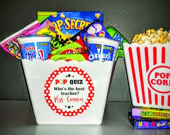 Personalized Popcorn Pop Corn Tub Bucket Personalized School Teacher Gift Aide Principal PTO Thank you Appreciation Gift Basket