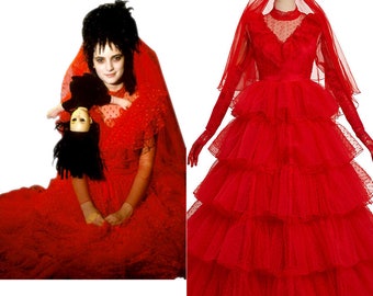 Movie Beetlejuice Lydia Cosplay Costume Red Wedding Dress Outfits Halloween Carnival Suit, Adult Halloween Costumes, Halloween Costumes