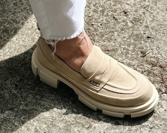 Penny loafers women, Loaf woman, Womens loafers, Beige suede loafers, Women leather shoes, Platform loafers, Chunky loafers