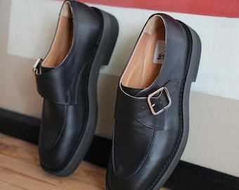 Women's Black Leather Monk Strap Shoes, Buckle Loafers Shoes, Handmade Footwear, Brogue shoes