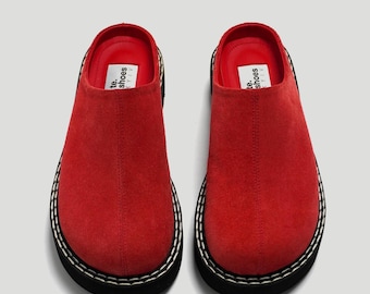 Rote Wildleder-Plateau-Clogs für Damen, maßgefertigte Lederpantoffeln
