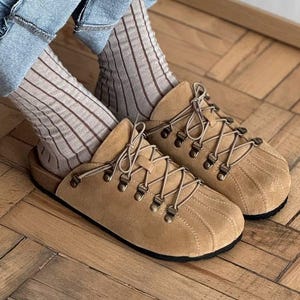 Cute Beige suede leather clogs with orthopedic cork sole, barefoot leather clogs slippers shoes, barefoot slides