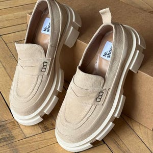 Beige suede leather platform shoes, leather loafers women, vintage loafers handmade shoes with massive sole, dress shoes