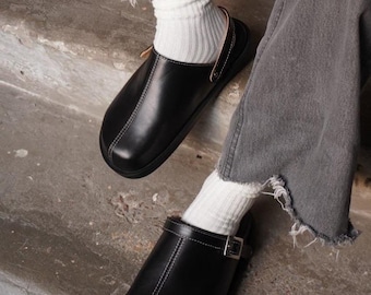 Zuecos de plataforma de cuero negro para mujer, zapatos de verano sin cordones