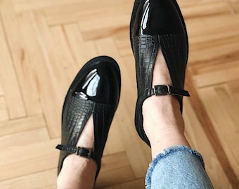 Black leather Mary Jane flat narrow toe shoes, leather Loafers, Custom made shoes