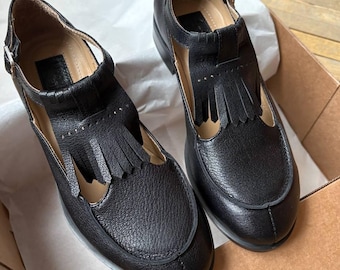 Black leather classic Mary Jane shoes, flat comfy Mary Janes T-strap, Handmade summer slip on sandals