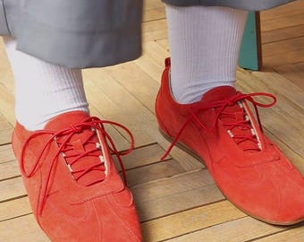Women’s Red Suede Leather Sneakers | Wide Toe Casual Shoes Handmade, Minimalist Everyday Footwear