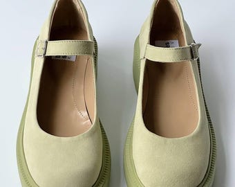 Pistachio suede leather platform Mary Janes shoes, Casual Summer Shoes zero drop for women