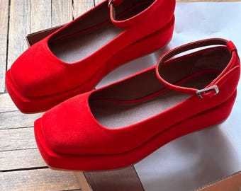 Red Suede Leather Custom made Mary Janes Shoes, Ankle Strap Low Platform Shoes, Summer Slip on Women's Pumps