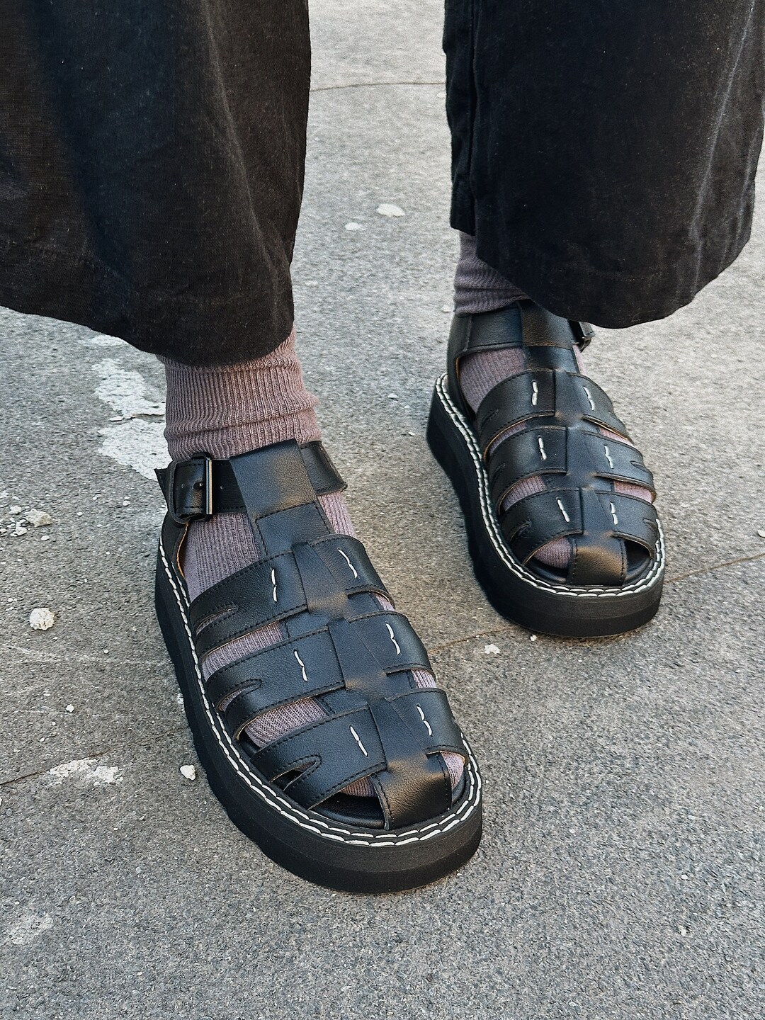 Fisherman Sandal Woman, Black Leather Fisherman Sandal, Chunky ...