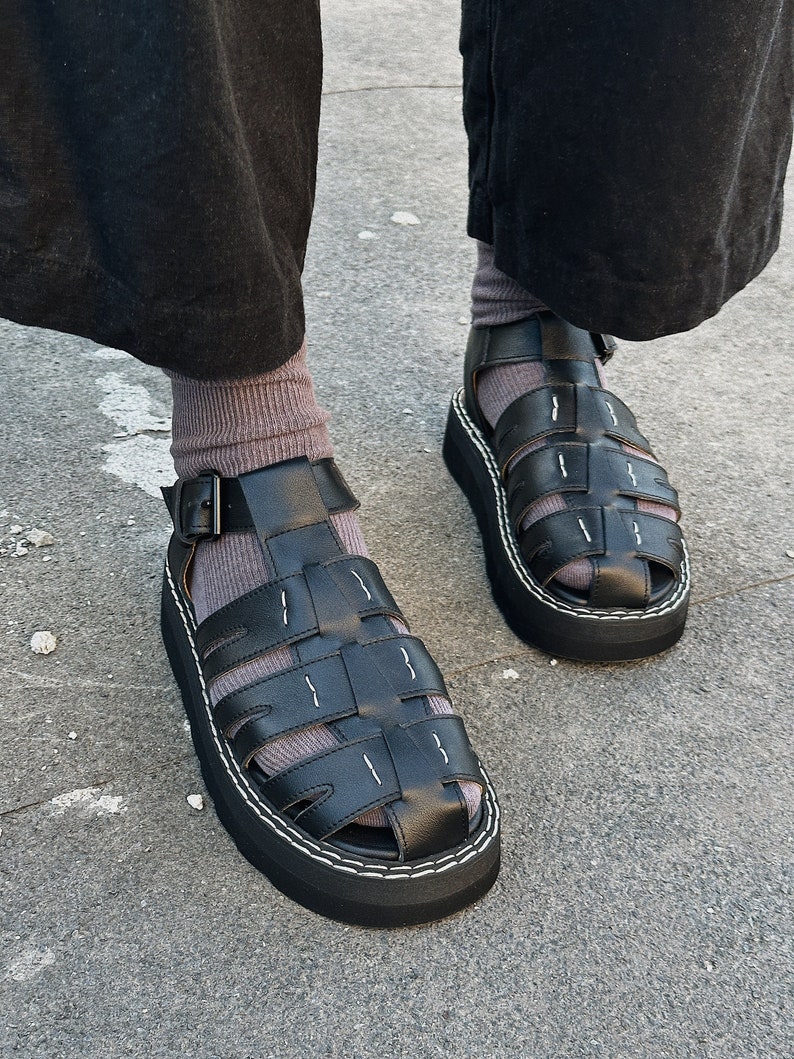 Sandales de pêcheur en cuir noir, sandales d'été, sandales en cuir pour femmes, sandales pour femmes, sandales à plateforme image 5