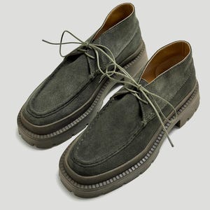Green olive suede leather low ankle lace up shoes, massive shoes, platform shoes, handcrafted footwear womens shoes