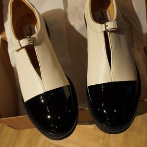 VONA - Womens mary janes shoes with round toe made from white and black leather, delicate brogues fully handcrafted and customizable