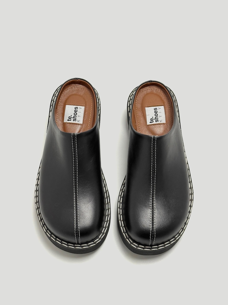 Leather platform custom clogs shoes, leather mules, closed toe slip on clogs slippers, round toe slip on shoes, slide in summer shoes image 8