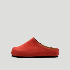 Womens suede leather pink clogs, wide toe custom made velvet leather slippers, red shoes, handcrafted slip on clogs, unique shoes