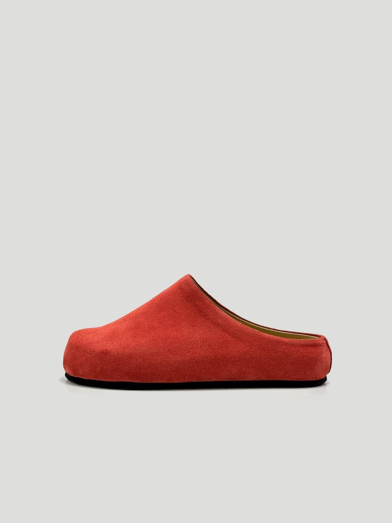 Womens suede leather pink clogs, wide toe custom made velvet leather slippers, red shoes, handcrafted slip on clogs, unique shoes