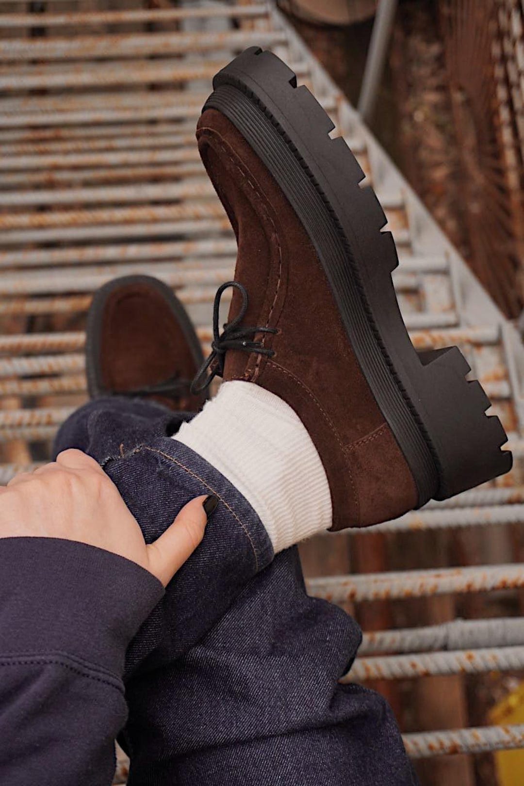 Women s Brown Penny Loafers With Suede Vamp And Chunky Soles Platform Women s Brown Penny Loafers With Suede Vamp And Chunky Soles Platform
