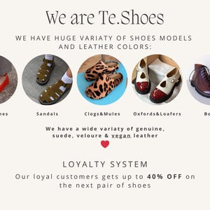 The image is a collage of five different shoe models and colors, showcasing a wide variety of genuine, suede, velour, and vegan leather shoes.