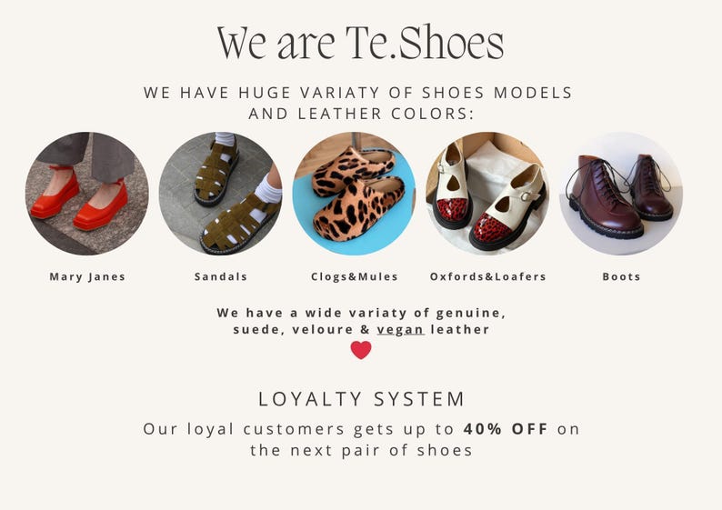 The image is a collage of five different shoe models and colors, showcasing a wide variety of genuine, suede, velour, and vegan leather shoes.