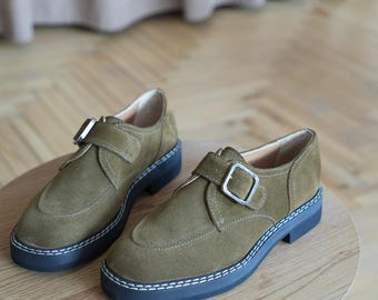 Suede Leather Buckle Loafers, Leather Oxford Shoes, Handmade Women's Footwear, Brogue shoes