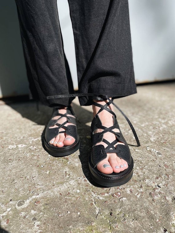 Veter sandalen Griekse leren sandalen vrouwen Zwarte Griekse - Etsy België