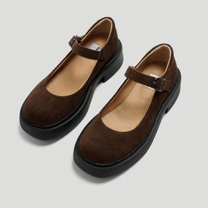 Brown suede leather Mary Janes shoes with arch strap, platform mary janes, cute low heel dress shoes women, retro shoes