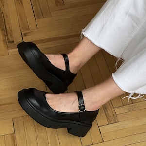 Black vegan leather platform shoes - mary janes with strap, low heel summer dress shoes women, vegan shoes