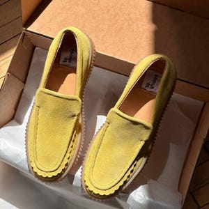 Marigold suede leather slip on moccasins women, flat summer shoes women, comfy mod shoes made to order