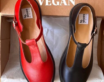 Vegan leather mary janes shoes women with T-strap, Eco friendly leather flat shoes, vegan platform shoes with buckle, summer shoes