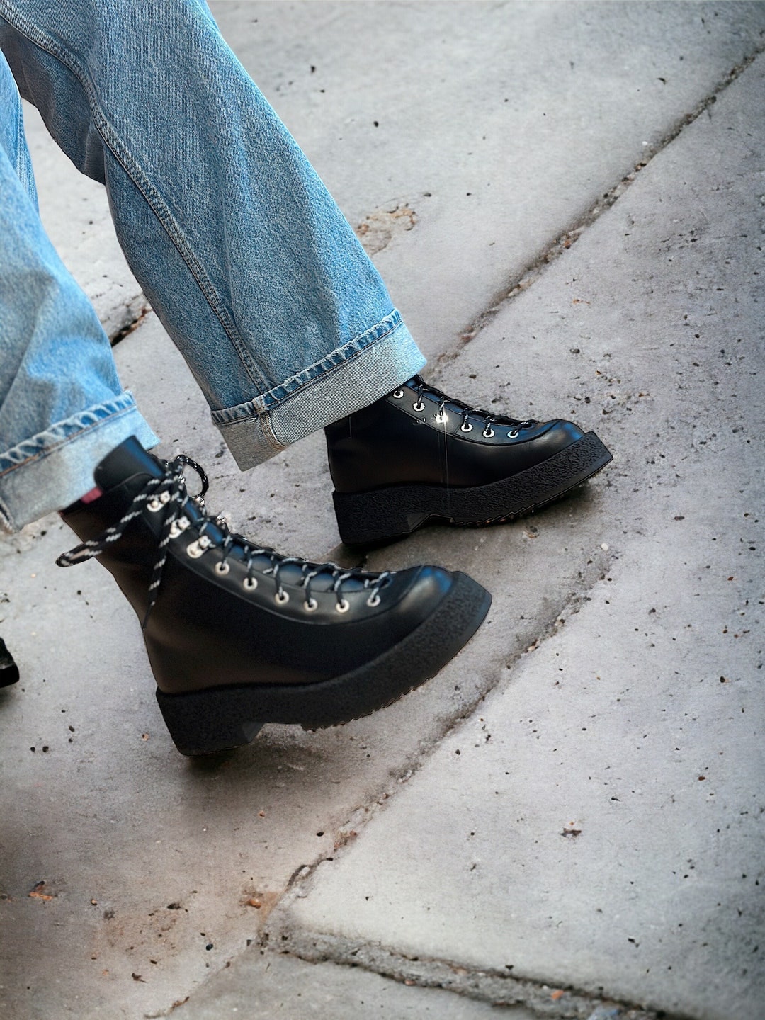 Womens Leather Combat Boots in Different Sizes, Black Platform Boots