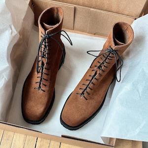 Brown Suede leather tall boots, ankle high platform boots women, combat boots for winter, wool felted warm boots for her