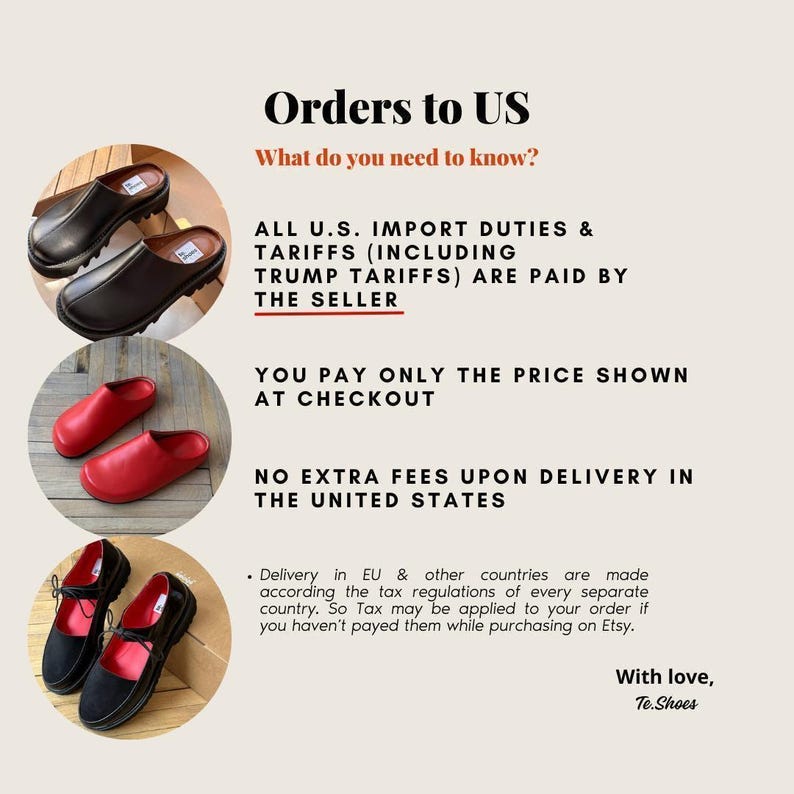 The image is a collage of three images showing different pairs of shoes, with text providing information about the orders to the United States.