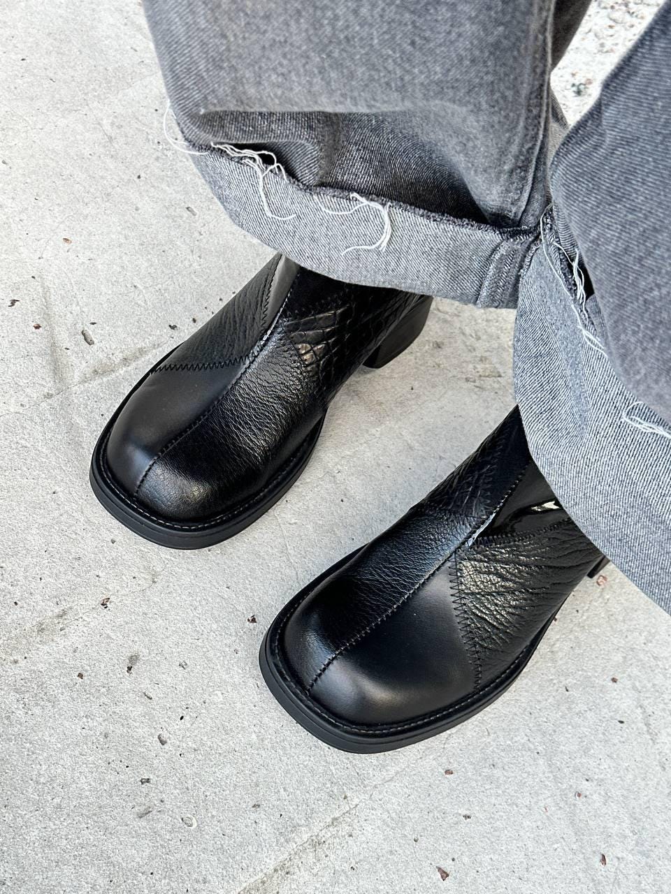 Black leather ankle high boots women, short boots, low heel mid-calf booties